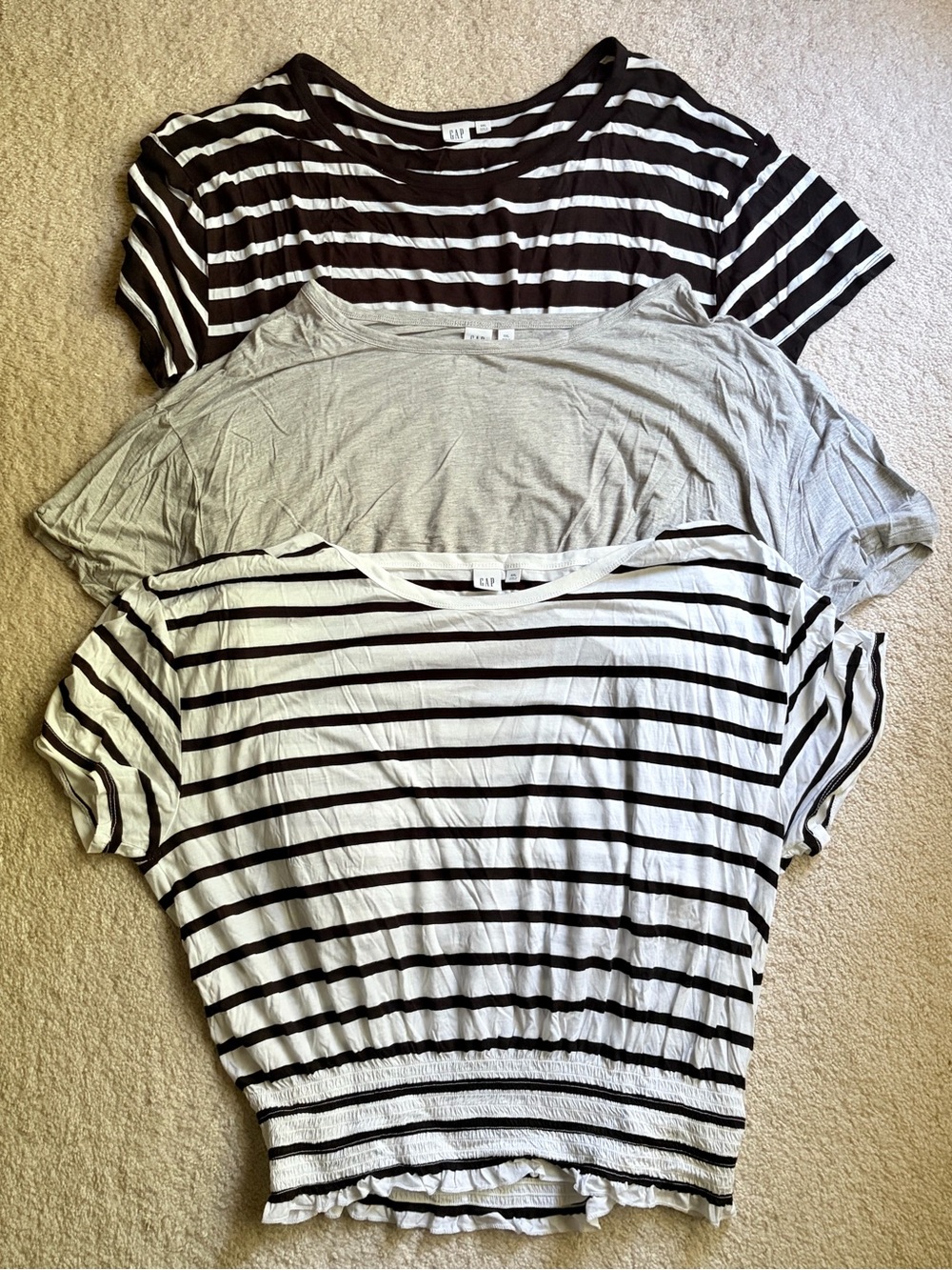 Gap ~ 3 blousy tops w/ boatneck and smocked waist ~ gray, black and white stripe